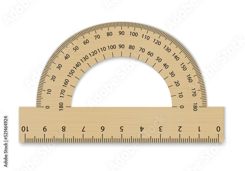 Mockup wooden protractor ruler. Measuring tool with ruler scale. School measuring equipment.