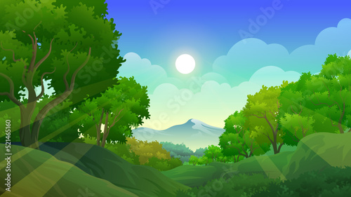 Wild tropical forest with lush, grass and trees vector illustration
