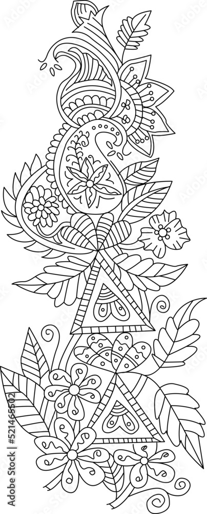 Hand drawn flower line art drawing with leaves and vector vase with ...