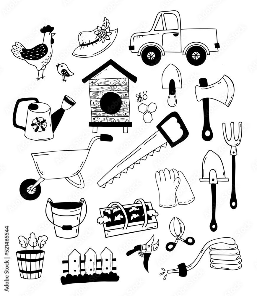 Set farm tools and agriculture. Truck, beehive, garden tools, shovel