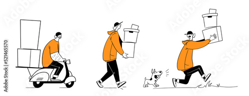 Online delivery, home and office delivery. Set of funny line art illustrations. Delivery man scooter courier. vector