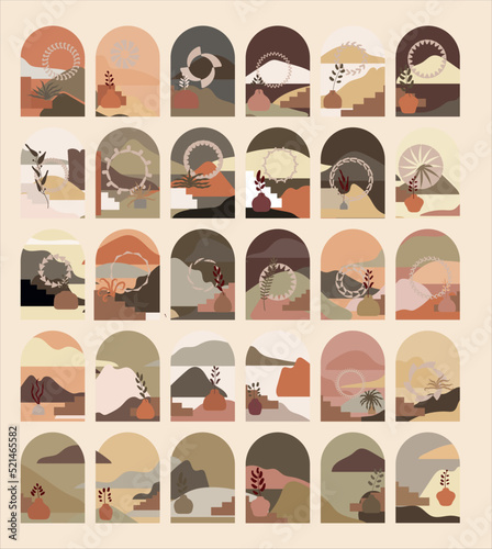 Mid Century Modern Template Vector Set with Stairways, Landscapes.These templates can be used for a variety of design purposes, such as wall art, wall decor, posters, or web graphics. 