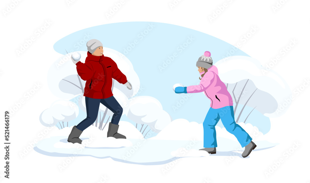 Kids playing snowball fight wintertime game. Children enjoy cold weather outdoor in park. Young boy and girl winter season holiday activity. Cartoon Vector illustration Isolated on white background.