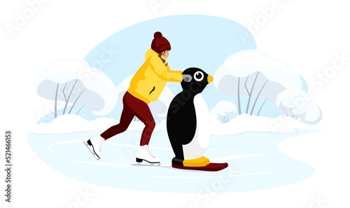 kid skating ice with skating helper penguin. Child skates training aid. Winter season sport activity. Young girl in outdoor holiday, weekend on blue ice rink, frozen lake, river. Vector illustration