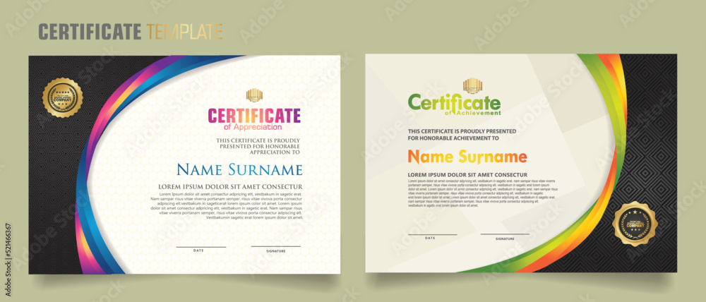 Luxury certificate template with dynamic and attractive colors on curved line shape ornament modern pattern