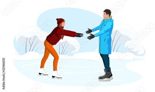 Young man and woman skating on ice. Winter snowy season holiday sport activity. Lovely skaters enjoy of skates on blue ice rink, frozen lake, river. Romantic meeting boy and girl. Vector illustration