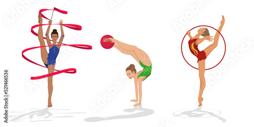 Artistic gymnastics sports balance with ball and ribbon, flexibility stands on hands, agility in hoop. Movements in rhythmic gymnastics tumbling, Acrobatic, Aerobic. Isolated Icon vector illustration
