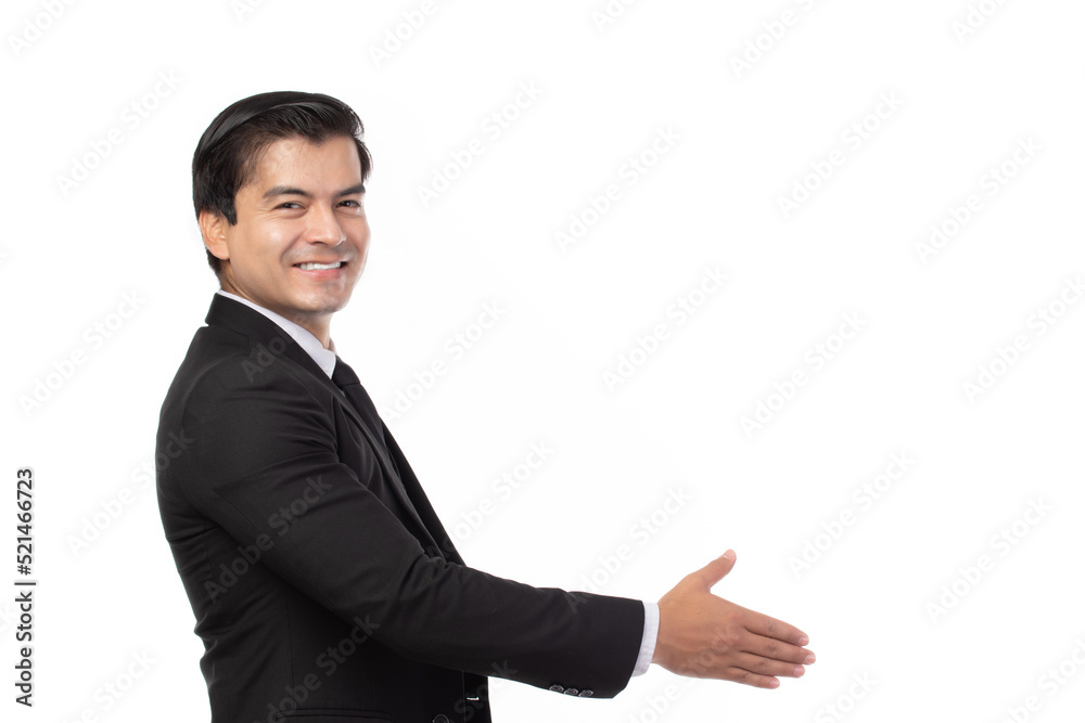Portrait happy young business man open hand ready to seal a deal. Businessman handshaking isolated on white background. Portrait happy young business man open hand ready to seal a deal. Businessman handshaking isolated on white background.