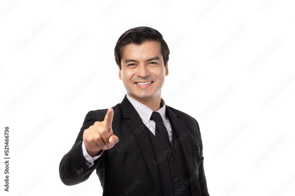 Portrait happy young business man touching in empty screen isolated on white background. Portrait happy young business man touching in empty screen isolated on white background.