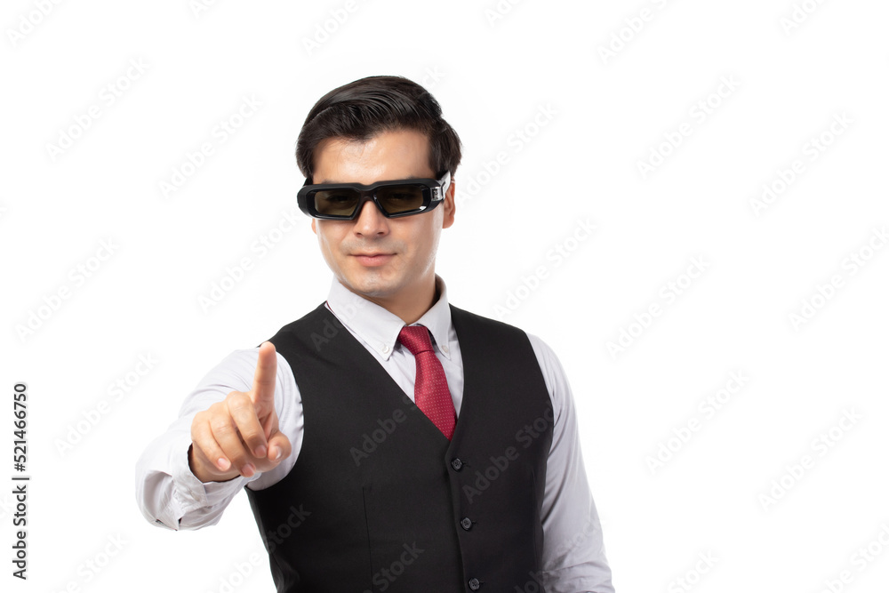 Businessman in a suit with virtual reality VR glasses hand touching virtual global internet connection metaverse on his head isolated on white background. Businessman in a suit with virtual reality VR glasses hand touching virtual global internet connection metaverse on his head isolated on white background.