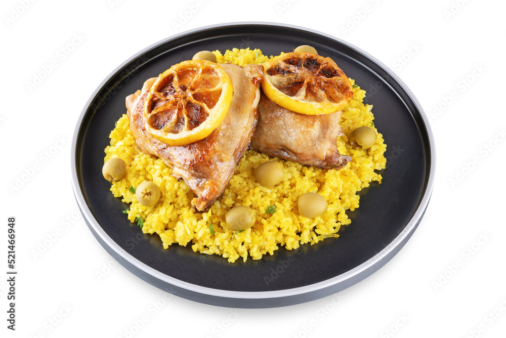 Moroccan fried chicken breast with curry rice in a plate on a white isolated background Moroccan fried chicken breast with curry rice in a plate on a white isolated background