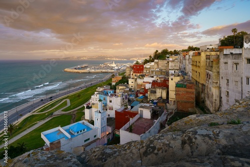 Beautiful view of the Moroccan city of Tangier looking towards the beach during the sunset photo