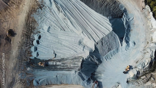 Aerial view of gravel quarry and professional excavators at work. Stock footage. Top view of industrial landscape after stone mining, construction industry. photo