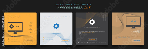 Set of social media post template with gear and computer monitor in pixel design for programmer day
