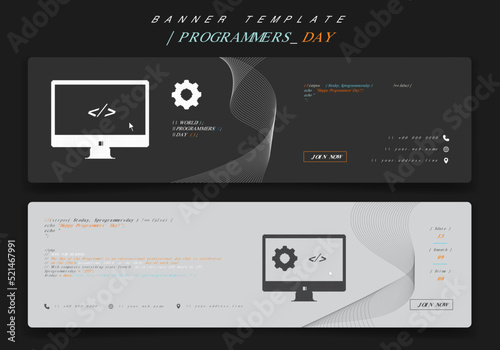 Banner template design with computer monitor and gear in gray background for programmers day design