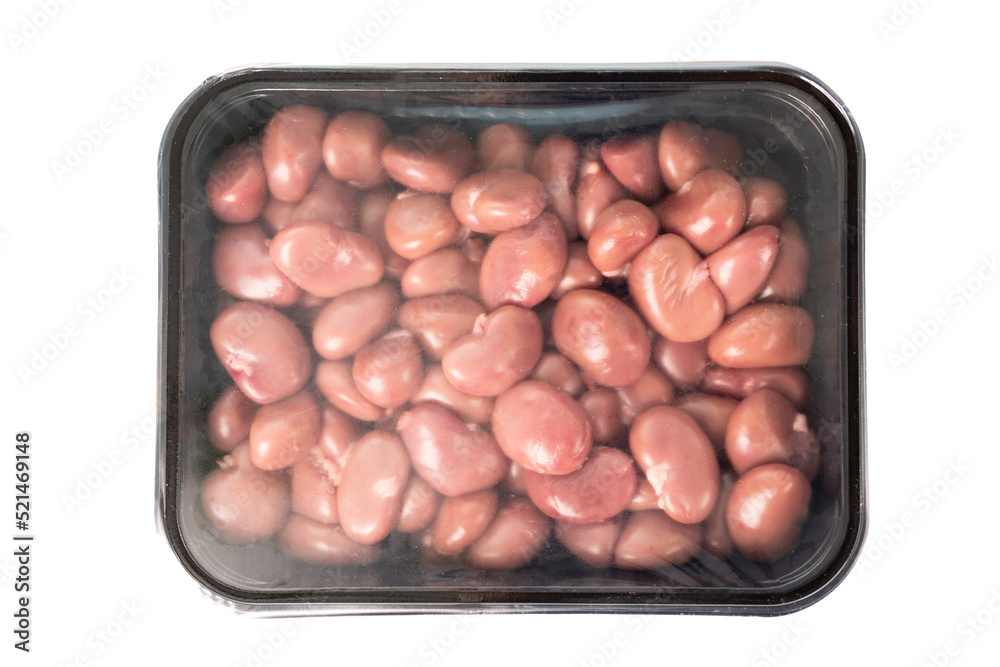 Raw rabbit kidney meat in a plastic container. Isolated. Raw rabbit kidney meat in a plastic container. Isolated.