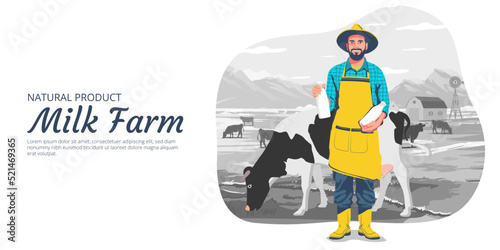 Garden, farm and agriculture flat vector illustration ad template with place for your text. The farmer harvests apples, feeds farm animals, transports fruit. Design for banner, web, flyer, brochure.