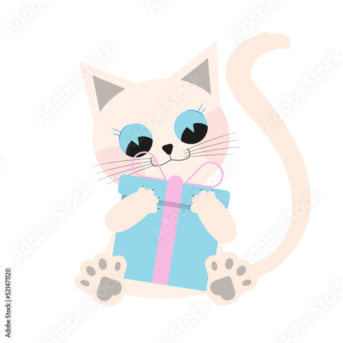 Happy cat day. International cat day on August 8. World Cat Day. Fluffy cat with a gift. Funny cartoon cat. Flat design cat. Print to greeting card, poster.
