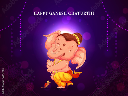 Happy Ganesha Chaturthi beautiful bokeh background with positivity light, Cute little lord ganesha dancing.
