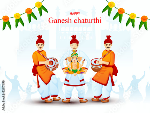 Vector illustration of people welcomes god of prosperity, and happiness, Lord Ganesha. Happy Ganesha Chaturthi.