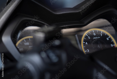 Obraz na płótnie close up of speedometer in motorcycle bigbike. dashboard detail with indication lampe. in garage. w salonie