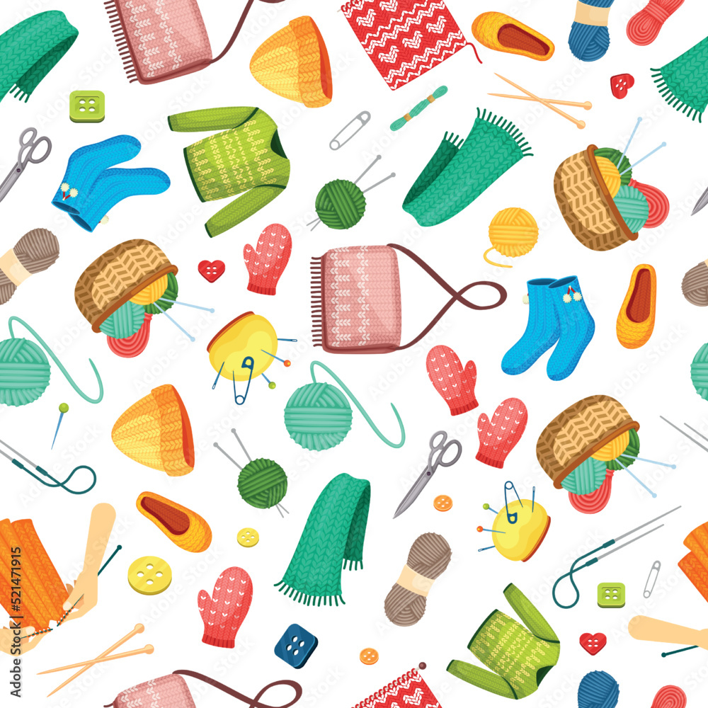 knitted pattern. wool clothes sweater scarf mittens and various tailor accessories. Vector seamless background for textile design projects knitted pattern. wool clothes sweater scarf mittens and various tailor accessories. Vector seamless background for textile design projects