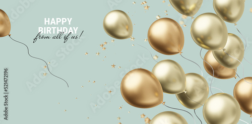Photography 3d happy birthday horizontal illustration with realistic golden air balloon on blue background with text and glitter confetti