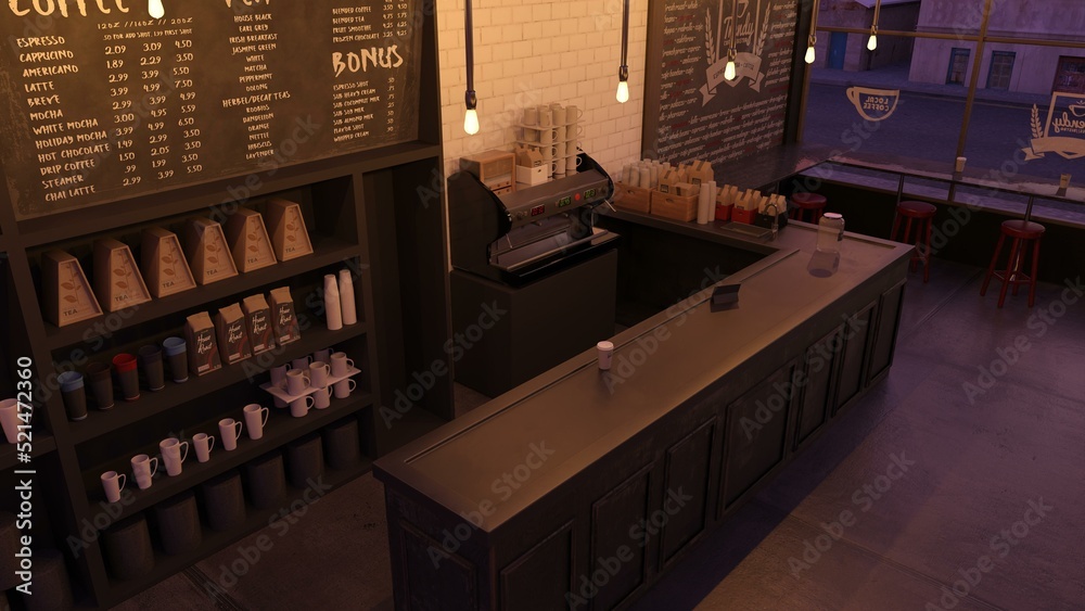 3D-Illustration of a modern and cozy bar restaurant