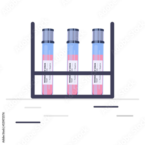 Pandemic Monkeypox outbreak. Blood sample tube for Monkeypox virus test, medical vials and flasks in the laboratory. Monkey pox virus cells outbreak medical vector illustration	