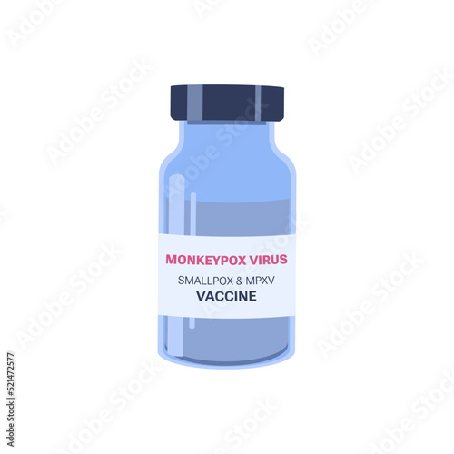 Monkeypox virus vaccination with vaccine bottle for immunization treatment isolated on white background. Pandemic Monkeypox outbreak. Monkey pox virus cells outbreak medical vector illustration 