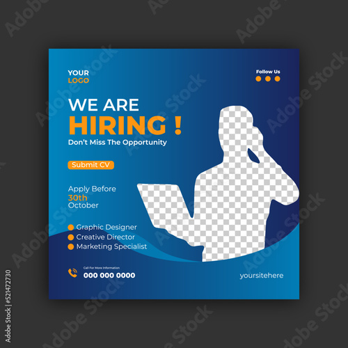 We are hiring job vacancy social media post or square web banner template design