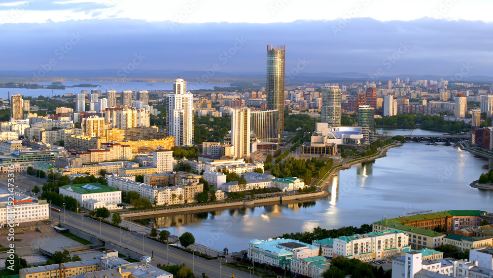 Breathtaking aerial view of historical center and Yekaterinburg -City district in summer. Stock footage. Close up of Vysotsky skyscraper glass facade.
