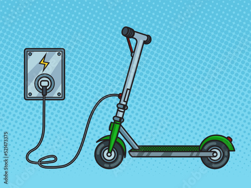 electric scooter is charging from the outlet pop art retro vector illustration. Comic book style imitation.