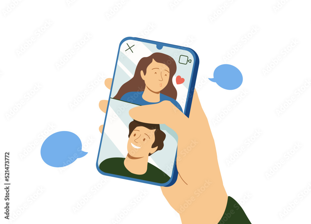 Flat design illustration of diverse group of friends having a video chat on smartphone