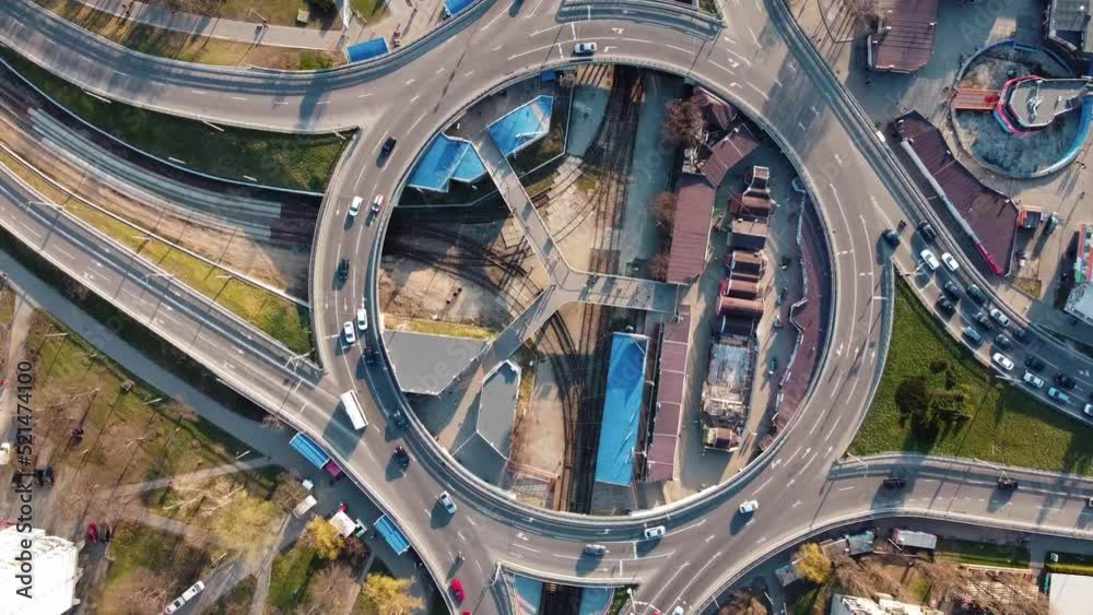 Aerial top view of roundabout traffic in Kyiv, Ukraine