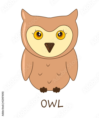 Cute doodle owl bird, cartoon animal character isolated on white background. Memory card template for kids.
