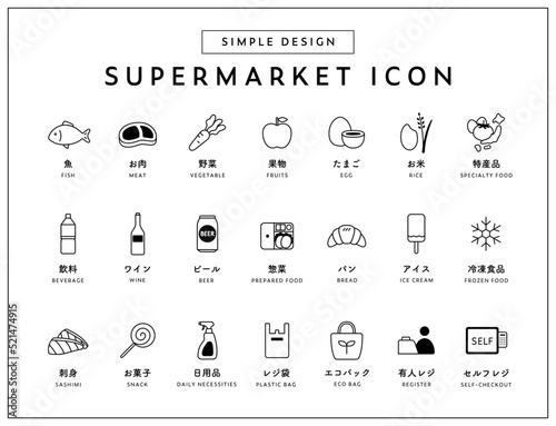 スーパーマーケットのアイコンセット　食品　食材　シンプル　食べ物　魚　肉　野菜　飲み物　お店　商品