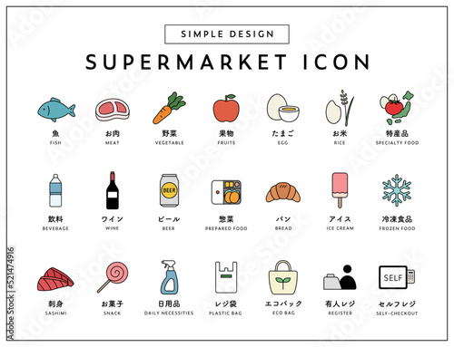 スーパーマーケットのアイコンセット　食品　食材　シンプル　食べ物　魚　肉　野菜　飲み物　お店　商品