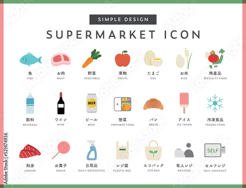 スーパーマーケットのアイコンセット　食品　食材　シンプル　食べ物　魚　肉　野菜　飲み物　お店　商品