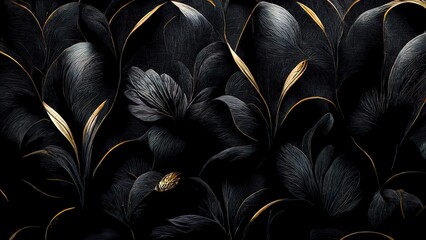 Black luxury cloth, silk satin velvet, with floral shapes, gold threads, luxurious wallpaper, elegant abstract design