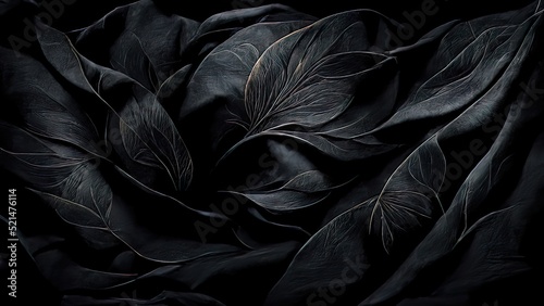 Black luxury cloth, silk satin velvet, with floral shapes, gold threads, luxurious wallpaper, elegant abstract design