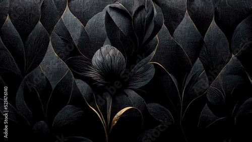 Black luxury cloth, silk satin velvet, with floral shapes, gold threads, luxurious wallpaper, elegant abstract design