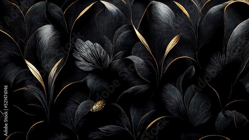 Fotografie, Obraz Black luxury cloth, silk satin velvet, with floral shapes, gold threads, luxurio