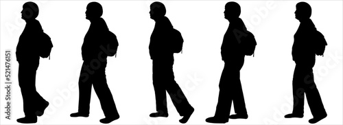 Five women of the same height walk one after another, in one line. Hiking. Older tourists walk with backpacks. Retired sport. Side view, profile. A black silhouette is isolated on white background.