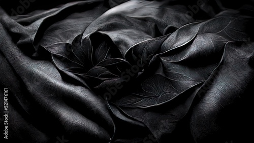 Black luxury cloth, silk satin velvet, with floral shapes, gold threads, luxurious wallpaper, elegant abstract design