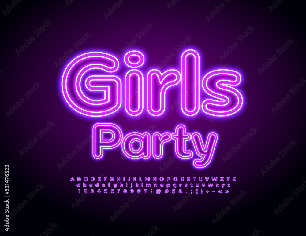 Vector stylish poster Girls Party. Purple Neon Font. trendy glowing Alphabet Letters, Numbers and Symbols set Vector stylish poster Girls Party. Purple Neon Font. trendy glowing Alphabet Letters, Numbers and Symbols set