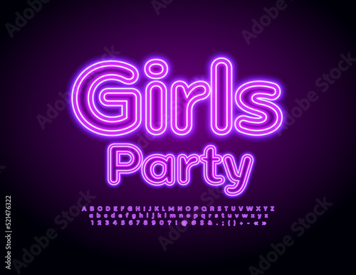 Vector stylish poster Girls Party. Purple Neon Font. trendy glowing Alphabet Letters, Numbers and Symbols set