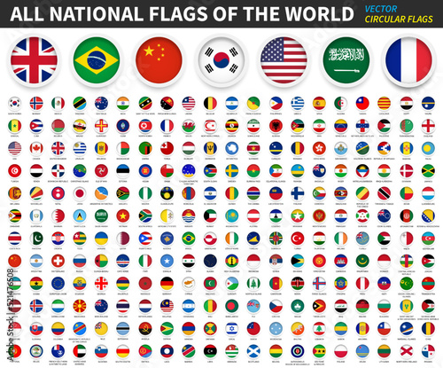 All national flags of the world . Circular flag with frame and country name . Vector .