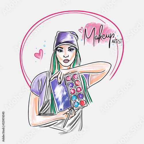 Makeup artist, beauty master, handwritten lettering, girl with eyeshadow palette in her hands