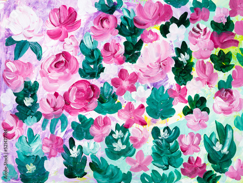 Fototapeta Naklejka Na Ścianę i Meble -  Abstract pink flowers original painting, hand drawn, impressionism style, color texture, brushstrokes of paint,  art background.